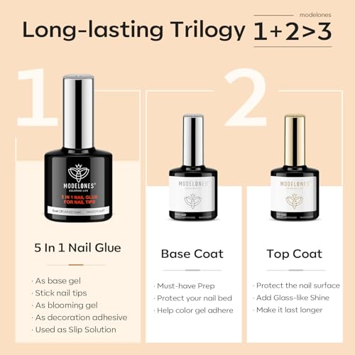 modelones Builder Nail Gel with Gel Top and Base Coat, 3Pcs Gel Nail Kit for Nail Thickening Apex Building Nail Extension Rhinestone Gel Nail Glue, LED Nail Lamp Cured