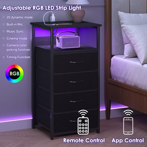 Fixwal Night Stand with Charging Station, Tall Nightstand with U-S-B Ports and Outlets, 4 Fabric Storage Drawers with PU Finish, Small Dresser Bed Side Table, Black