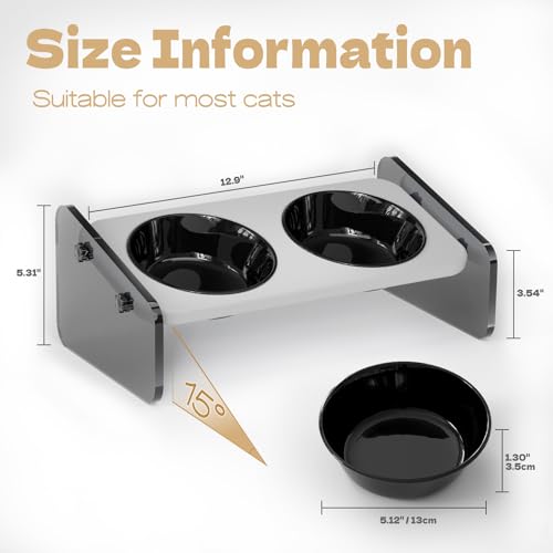 Modern Stainless Steel Cat Bowls, Raised Cat Food and Water Bowl Set, 15° Tiltted Cat Food Bowls with 2 Shallow Bowls Whisker Friendly, Bamboo Stand Anti-Vomtting Indoor Small Dogs Bowls