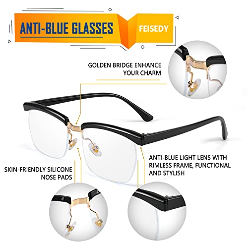 FEISEDY Retro Semi-Rimless Blue Light Blocking Glasses for Men Women Vintage Half Glasses Frame Horn Rimmed Eyeglasses B2883