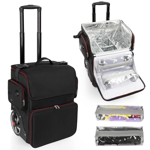 Large Makeup Train Case,Cosmetic Makeup Case for Hairstylist, Hairdresser Bag with Detachable Pouch,Heat Insulation and Anti-scalding Full layer for Hairdressing Tool Organizer Trolley with wheels