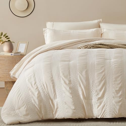 GRT Twin Comforter Set 5 Pieces, Beige Cationic Dyeing Bed in a Bag Twin, Lightweight Striped Seersucker Bedding Set for All Seasons with Comforter, Flat Sheet, Fitted Sheet, Pillowcases & Shams