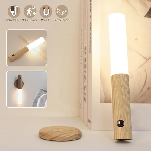 LANDGOO Motion Sensor Night Lights Magnet Body Sensor Hallway, Rechargeable Led Light Portable Stairway, Wooden Wall Sconce Battery Powered Cabinet Lights(Walnut Wood 1PC)