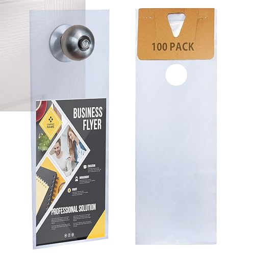 Skywin- Plastic Door Hanger Bags 6” x 19” (100 Pack), Clear Door Hanger Bags Protects Flyers, Brochures, Printed Materials - Waterproof and Secure Door Knob Hanger for Outdoor Use