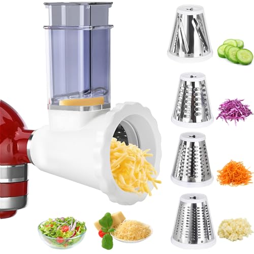 Cheese Slicer Shredder Attachments for KitchenAid Stand Mixers, Food Slicers Cheese Grater Attachment, Salad Maker Accessory Vegetable Chopper with 4 Blades Dishwasher Safe-Upgraded Version