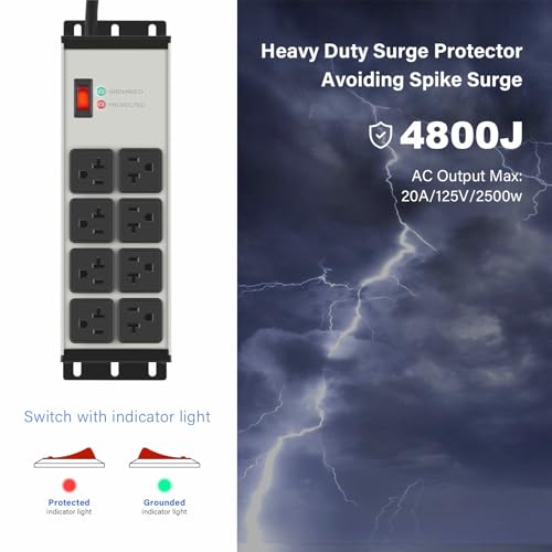 CCCEI Black Heavy Duty Power Strip Surge Protector 20 AMP, 8 Outlets 12 Gauge Industrial Shop Garage Metal Multiple Outlets, 6 FT Extension Cord 5-15P Adapter High Amp 6-20R T-Slot 20a for Appliance