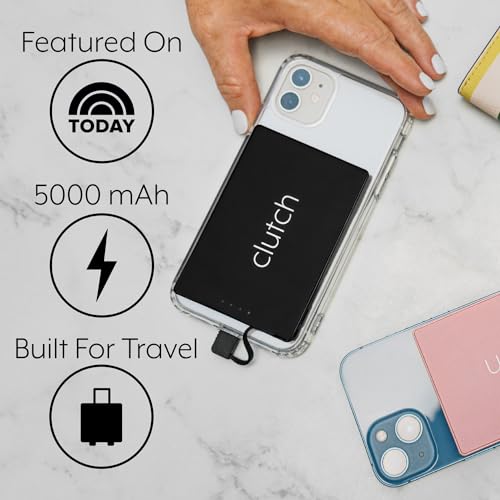 Clutch - Pro Portable Charger - Compatible with iPhone 14 or Older & Small Devices - Power Bank - Magnetic Battery - TSA Approved Travel Charger - USB Rechargeable - Built-in Cable - 3.7oz - Black