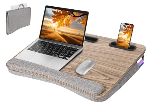 Lap Desk Laptop Bed Table: Home Office Portable Computer Lapdesk with Soft Cushion and Storage Bag - Wood Wide Writing Padded Tray for Work on Couch - Fits up to 17 Inch Laptop