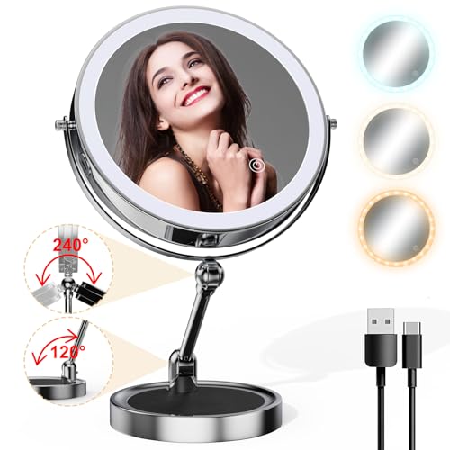 YMHSOLDR Makeup Mirror with Lights[Brightness Enhanced Version], Real 2000mah Rechargeable Double Sided 10x Magnifying Mirror with 3 Colors Table Vanity Mirror with Adjustable Height and Stand,Black