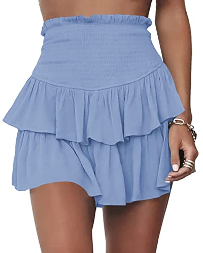 Women Cute Smocked Ruffle Skorts Skirts High Waisted Mini Skirt Casual Summer Tiered Boho Skirts Black, XS