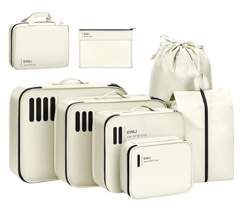 DIMJ Packing Cubes for Suitcases - Travel Cubes for Packing, Lightweight Luggage Packing Cubes, Suitcase Organizer with Laundry Bag, Shoes Bag, Toiletry Bag (Beige)