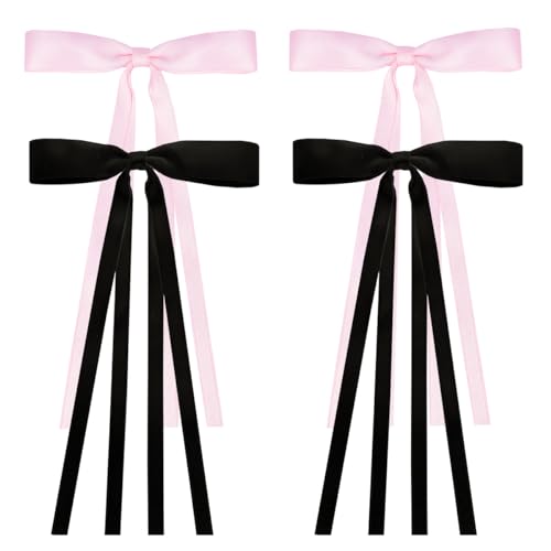 NYXXZ Hair Bow Clip, 4 Pcs Ribbon Bowknot Tassel Long Tail Hair Bow Clips for Girls, Women's Hair Accessories, Black, 4.1*2.75 inches(Length*Width), 4 Count