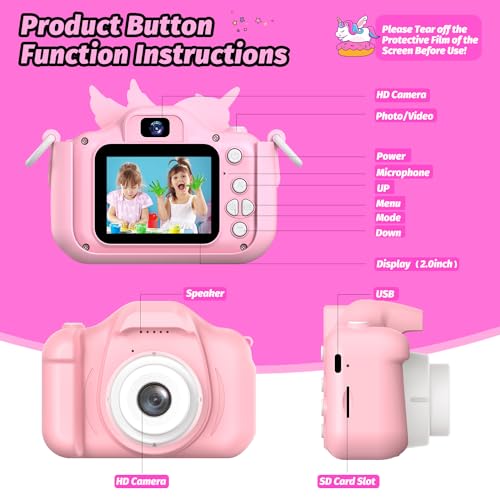 Dinosaur Kids Camera for Boys Girls, Toddler Digital Selfie Camera with Cute Protective Cover and 32G SD Card, Christmas Birthday Gifts Toys for 3 4 5 6 7 8 9 10 11 12 Years Old Little Girls and Boys