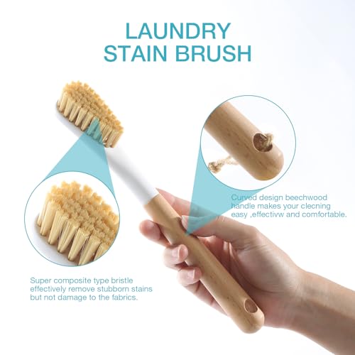 Wood Laundry Brush, OSCIOSS Laundry Stain Brush wth Long Handle and Soft Bristle for Cleaning Clothes & Shoes, Protable Laundry Brush for Stains on Clothes (Natural)