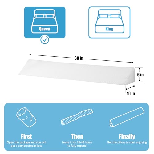 MEGCXIT Queen Bed Wedge Pillow for Headboard, Foam Pillow Wedge for Headboard Gap, Mattress Bed Gap Filler Queen, Triangle Pillow Wedge, Anti-Slip Bed Crack Space Filler (60"×10"×6") Air-Layer White
