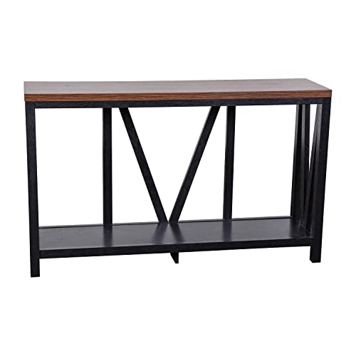 BizChair Farmhouse 2-Tier Console Table - Black Finish Engineered Wood Frame - Walnut Finish Tabletop - for Entryway or Living Room
