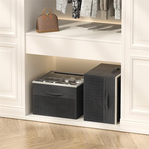 Aokeyee Shoe Organizer for Closet,Foldable Shoe Storage Organizer Box Bin w/Adjustable Dividers and Clear Cover, Fits up to 16 Pairs (Beige)