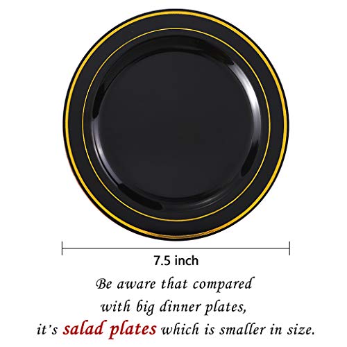 bUCLA 100 Pieces Black and Gold Plastic Plates Disposable - 7.5inch Disposable Salad/Dessert Plates with Gold Rim - Ideal for Halloween,Wedding,Party