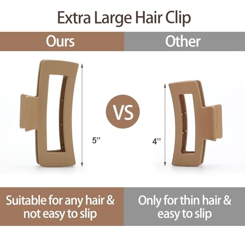 5 Inch XL Hair Clips, Strong Hold Oversized Non-slip Square Clips for Thick Long Curly Hair - 6 Colors, Matte Jumbo Gift Set