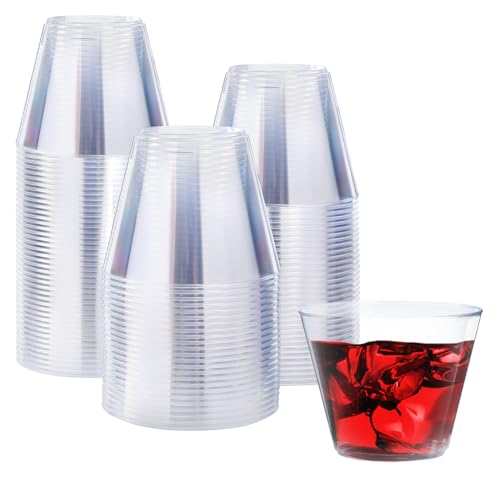 Clawsoff 9 oz Clear Plastic Cups, 100 Pack Disposable Fancy Cups for Wedding, Cocktail Cups 9 Ounce, Bulk Clear Plastic Tumblers for Iced Coffee, Cold Beverage