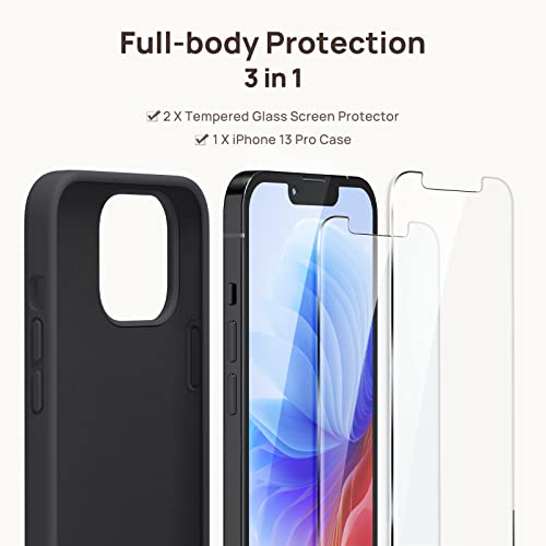 GOODVISH 3 in 1 Designed for iPhone 13 Pro 6.1" Liquid Silicone Case 2021 [2 Pack Screen Protector] Enhanced Full Body Protection Shockproof Anti-Scratch Never Yellow Phone Cover Case Slim, Black