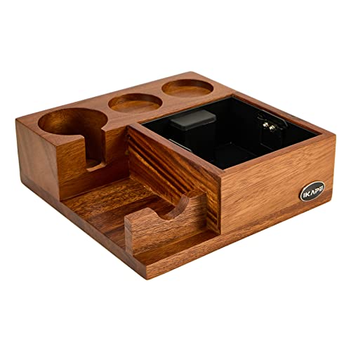 IKAPE V3 Espresso Knock Box, 54MM Espresso Coffee Organizer Box Fit for Storage 51 to 54MM Espresso Tamper and Distributor, Pure Natural Walnut Base with Special Portafilter Basket Station(4 In 1)