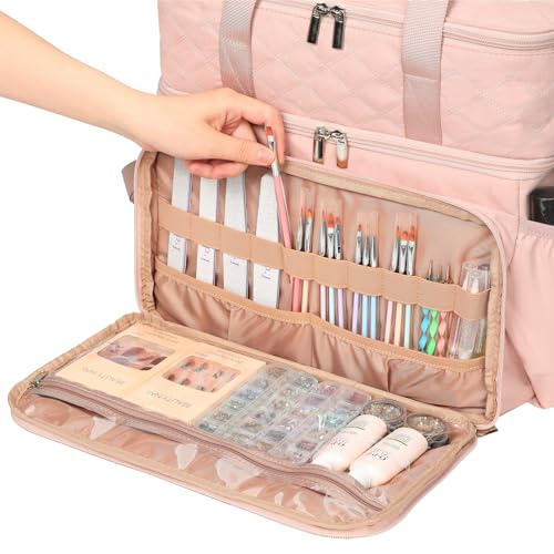 HOMEST Double Layer Nail Polish Organizer Hold 80 Bottles (15ml/0.5 fl. oz) and a Nail Lamp, Nail Polish Case with 2 Removable Pouches, Storage Bag for Manicure Tools, Pink (Bag Only)