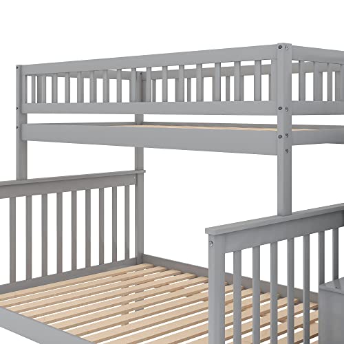 Harper & Bright Designs Bunk Beds Twin Over Full Size, Bunk Bed with Trundle,Storage Shelf and Stairway,Wood Bunk Beds with Full-Length Guard Rail for Kids and Teenagers,No Box Spring Needed, Grey