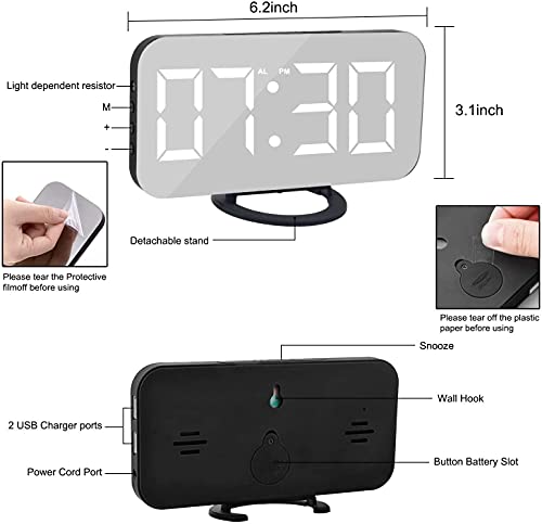 Digital Alarm Clock,6" Large LED Display with Dual USB Charger Ports | Auto Dimmer Mode | Easy Snooze Function, Modern Mirror Desk Wall Clock for Bedroom Home Office for All People (Black)