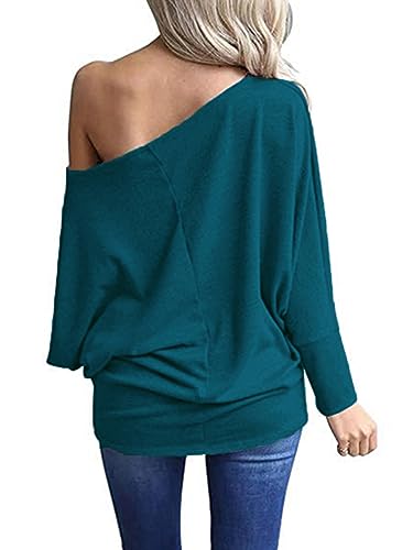 Poetsky Womens Casual Long Sleeve Boat Neck T Shirts Blouses Loose Solid Color Tunic Tops Dark Blue M
