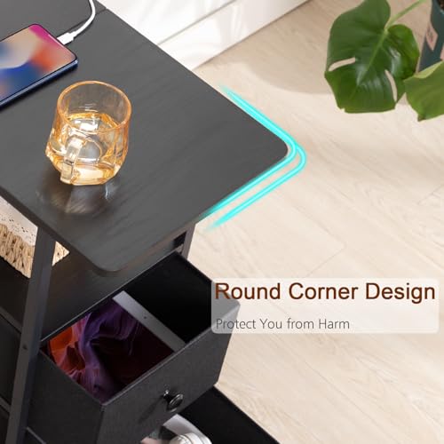 AMHANCIBLE Narrow Nightstand with Charging Station, Slim End Side Table with USB Ports and Outlets, Bedside Table with 2 Fabric Drawers for Bedroom, Living Room, Small Space, Black, HETN012BK-1