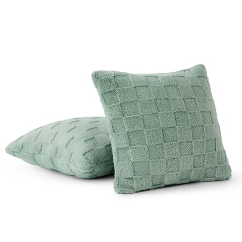 Bedsure Throw Pillow Covers 18x18 Inch - Pack of 2 Sage Green Luxury Soft Cozy Fluffy Fuzzy, Checkered Pillow Cover, Home Decor for Sofa Couch Bed