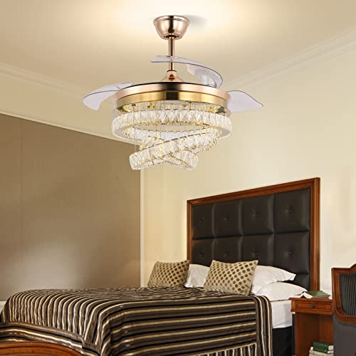 diisunbihuo 42" Gold LED Fandeliers with Lights Dimmable Crystal Ceiling Fan with Lights Individual 3 LED Color Change with Timi Memory Function
