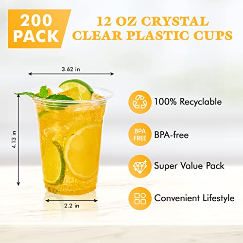 Vplus 200 Pack 12 OZ Clear Plastic Cups With Lids, Crystal PET Clear Cups, 12 OZ Cold Disposable Drinking Plastic Cups With Flat Lids, Perfect for Ice Coffee, Smoothie, Juice