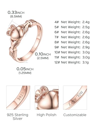 ChicSilver Personalized 925 Sterling Silver Irish Claddagh Ring for Women Custom Engraved Love Heart Celtic Knot Crown Promise Rings Friendship Band Size 4