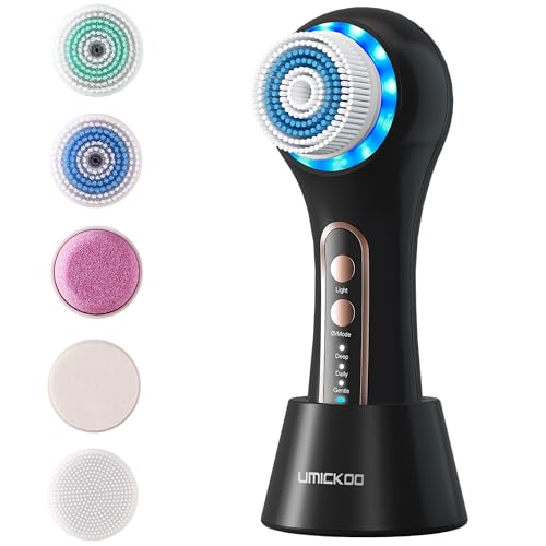 UMICKOO Face Scrubber Exfoliator,Facial Cleansing Brush Rechargeable IPX7 Waterproof with 5 Brush Heads,Electric Face Spin Brush for Exfoliating, Massaging and Deep Cleansing