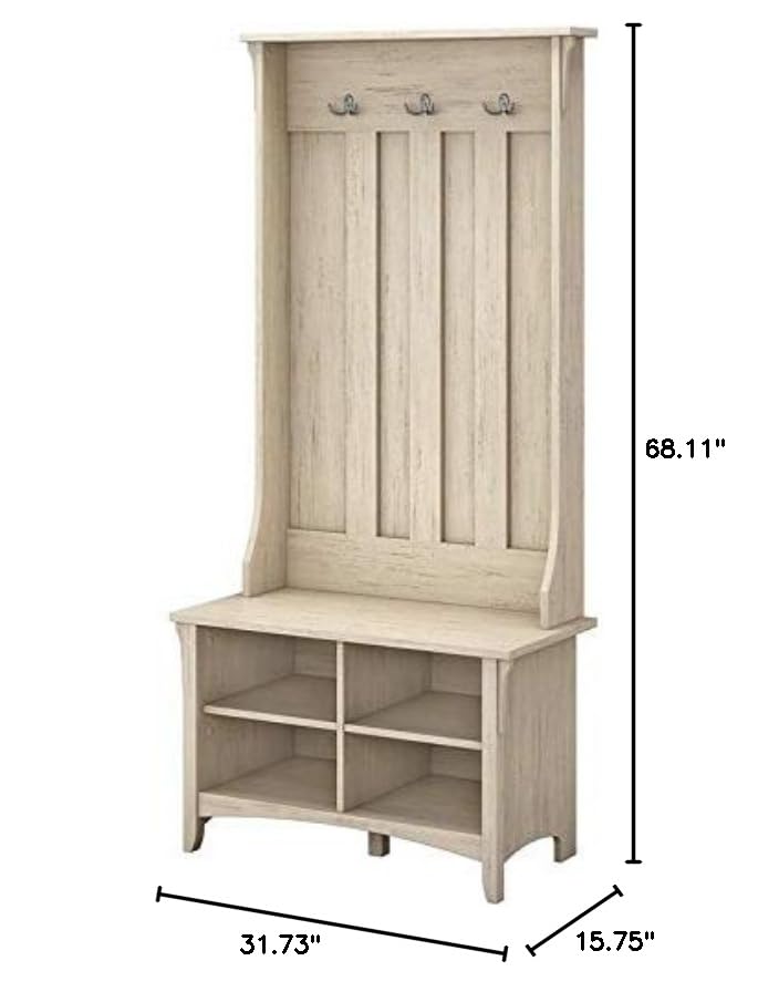 Bush Furniture Salinas Hall Tree with Shoe Storage Bench in Antique White, Multi-Purpose Home Organizer, Entryway Solution with Seating and Hooks