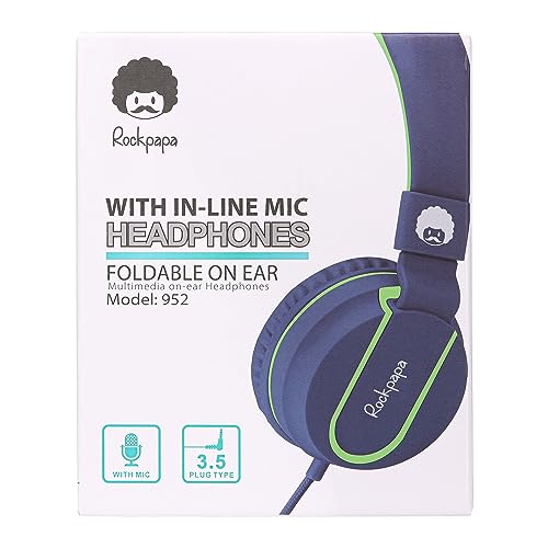 rockpapa 950 Wired Headphones for Kids Girls Boys for School Classroom with Microphone, On-Ear Foldable Corded Headphones with Jack 3.5mm for Laptop Computer Tablet Chromebooks Black Green