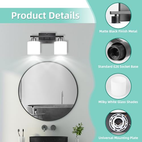 SILAMPDI Black Bathroom Lighting Fixtures Over Mirror, Modern 2-Light Vanity Lights Fixtures, Rustproof Wall Sconces Light for Bedroom, Hallway, Milky White Glass Shades, E26 Base, Bulbs Not Included