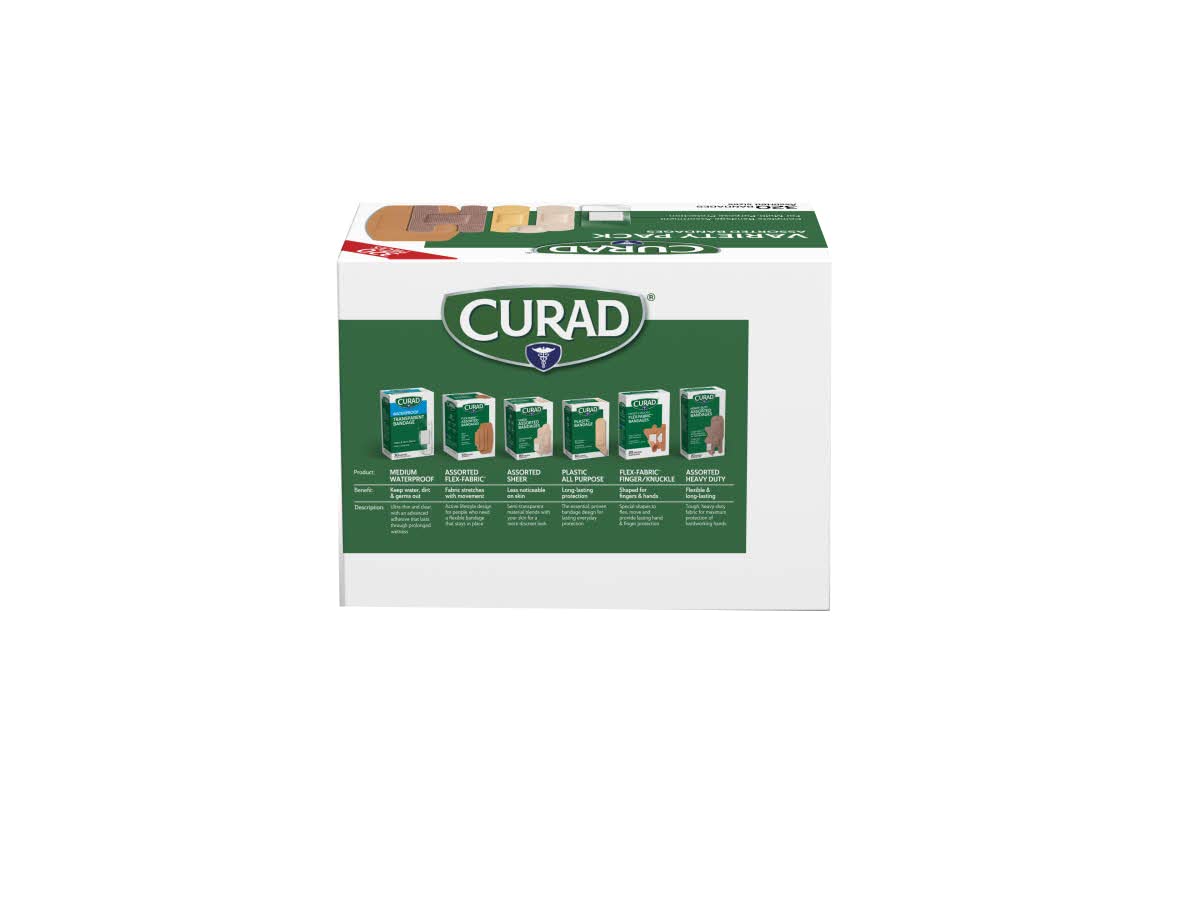 Curad Bulk Variety Pack Assorted Bandages, Flex-Fabric, Waterproof, Plastic, Knuckle, Heavy Duty Bandages (320 Count)