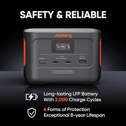 Jackery Explorer 100 Plus Power Station, 99Wh LiFePO4 Battery Power Bank, 3-Port 128W Portable Charger, PD 3.0 Fast Charge, Compatible with MacBook Pro/Air, iPhone 15/14 Series (Solar Panel Optional)