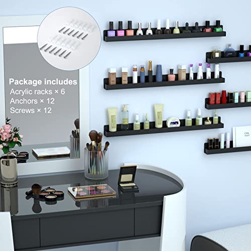 FEMELI Nail Polish Wall Rack: 6 Shelves 15 Inch Acrylic Nail Polish Holder Organizer for 66-90 Bottles, Multi-Purpose Acrylic Floating Shelves (15 Inch, Black)
