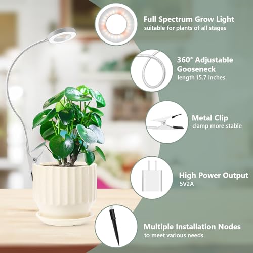 Xuligron Grow Lights for Indoor Plants, LED Full Spectrum Plant Light for Indoor Plants, Halo Plant Growing Lamp with Clip, 3 Light Modes, 6/12/16H Timer, 5 Level Dimmable Indoor Grow Lights