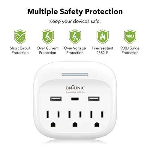 BN-LINK Multi Plug Outlet Extender with 3 Outlets and 3 USB Ports, 3 AC Outlet Splitter with 3 USB Ports (1 USB C), Wall Charger Adapter for Dorm, School, Travel, Office, Home, Travel, 1 Pack
