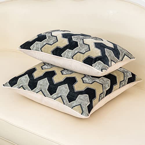 Alerfa Square Pillow Geometric Stripes Embroidery Cut Velvet Cushion Case Luxury Modern Throw Pillow Cover Decorative Pillow for Couch Sofa Living Room Bedroom Car 18 x 18 Inch Black