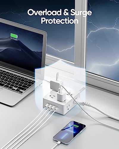 Surge Protector Power Strip, Olcorife Ultra Thin Flat Plug Extension Cord 5ft, 8 Outlets 4 USB Ports(1 USB C), Flat Wall Plug Outlet Extender, College Dorm Room Essentials, White