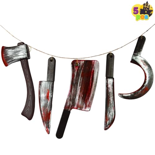 JOYIN 5 Pcs Knife Weapons Halloween Decorations Outdoor Indoor Toys Halloween Home Decor Haunted House Fake Blood, Machete Axe Cleaver Sickle