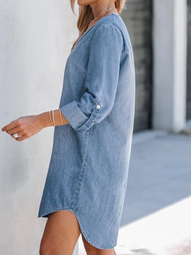 CUPSHE Denim Dress for Women Cotton A-Line Long Sleeve Loose Fitted Distressed Jean Dress Blue X-Small