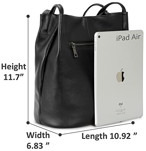 Iswee Black Leather Tote Bag Soft Genuine Leather Shoulder Bag Bucket Bags for Women Handbags and Purses Slouchy Hobo Large Satchel (Black)