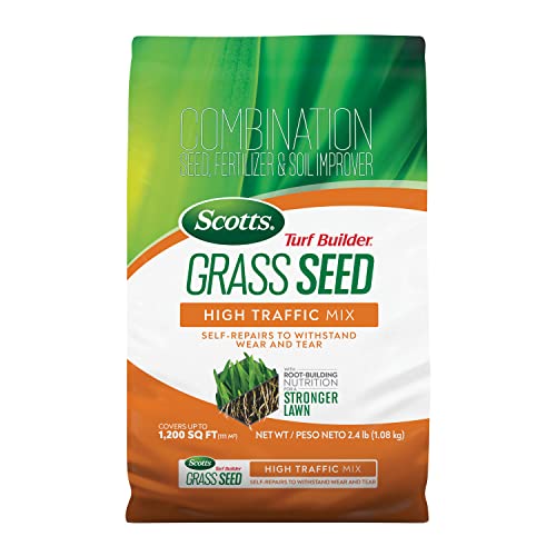 Scotts Turf Builder Grass Seed High Traffic Mix with Fertilizer and Soil Improver, Self-Repairs, 2.4 lbs.